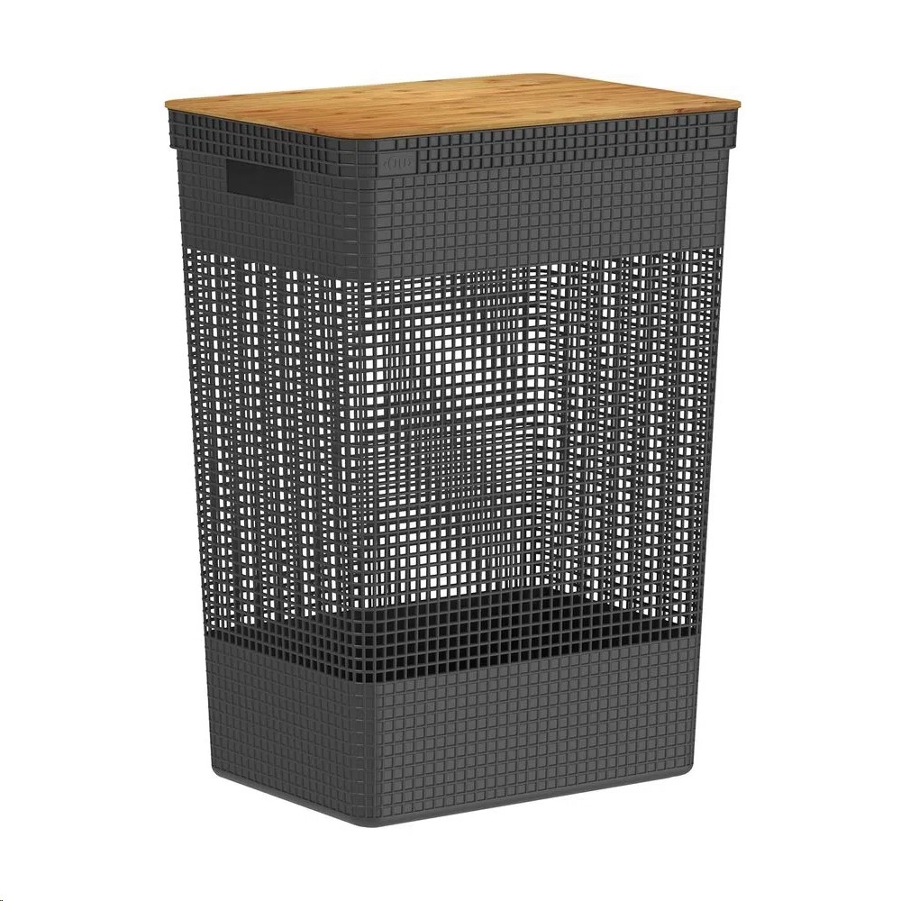 Cesto de Roupa Grid com Tampa de Bambu 49L Preto