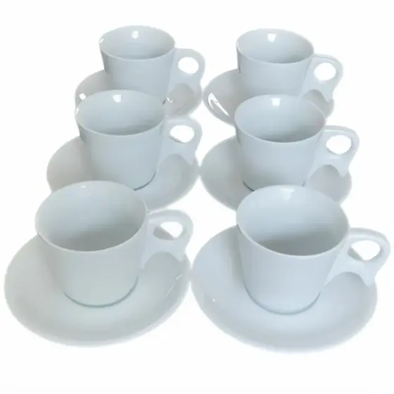 Jogo 6 xícaras de Café e Chá com pires ,190ml Cabo prático - Porcelana branca