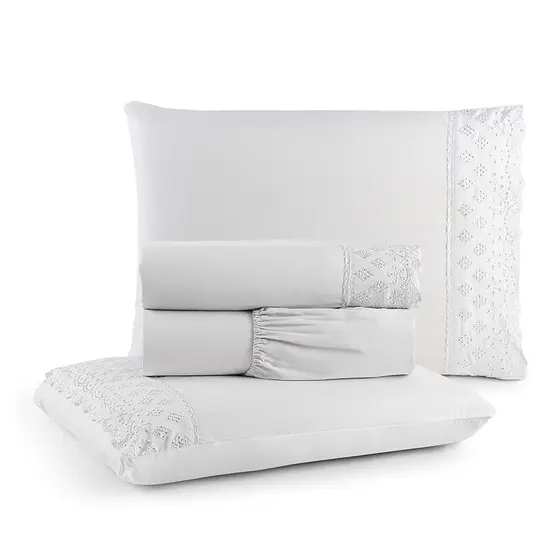 Jogo de Lençol King 4 Peças Percal 300 Fios Napoli Lese Bordado Inglês