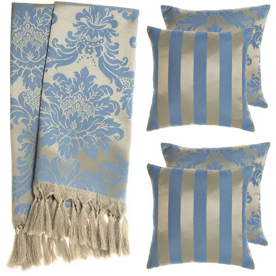 2 Mantas Xale 2.20m x 1.40m Para Sofá + 4 Capas 45x45cm - Azul E Dourado - Menedecor