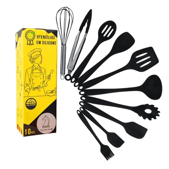 Conjunto Utensílios Profissional 10 Peças Cozinha Silicone PRETO Talher escumadeira concha colher - X-matte
